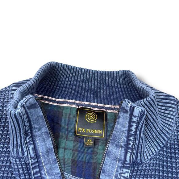 F/X Fusion Blue Half Zip Cotton Sweater Denim Patchwork Sz 2XL Chunky Knit Blue - Picture 8 of 10